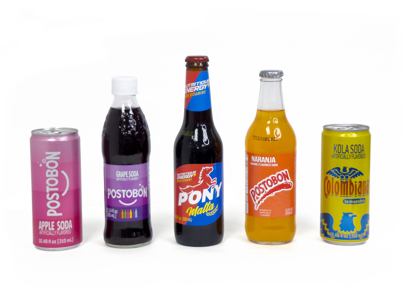 Gaseosas de Manzana Postobon, Uva Postobon, Naranja Postobon, Colombiana, Gran Bretaña, Ponymalta.